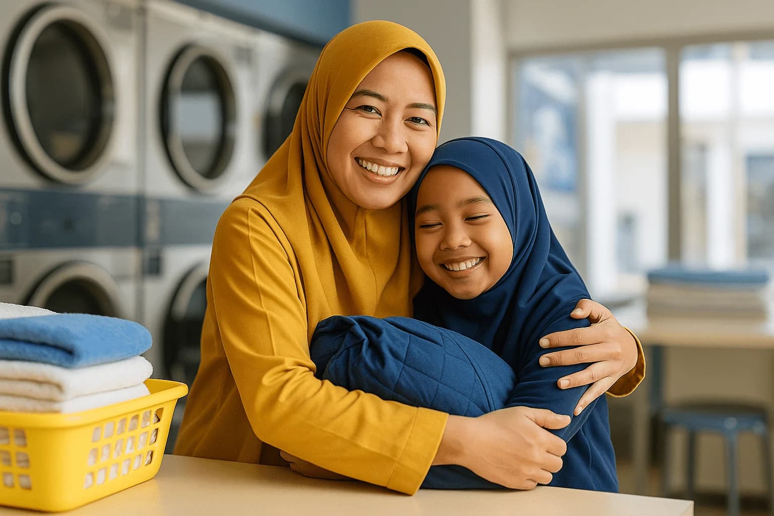 Pelanggan pria tersenyum di outlet laundry KangLaundry